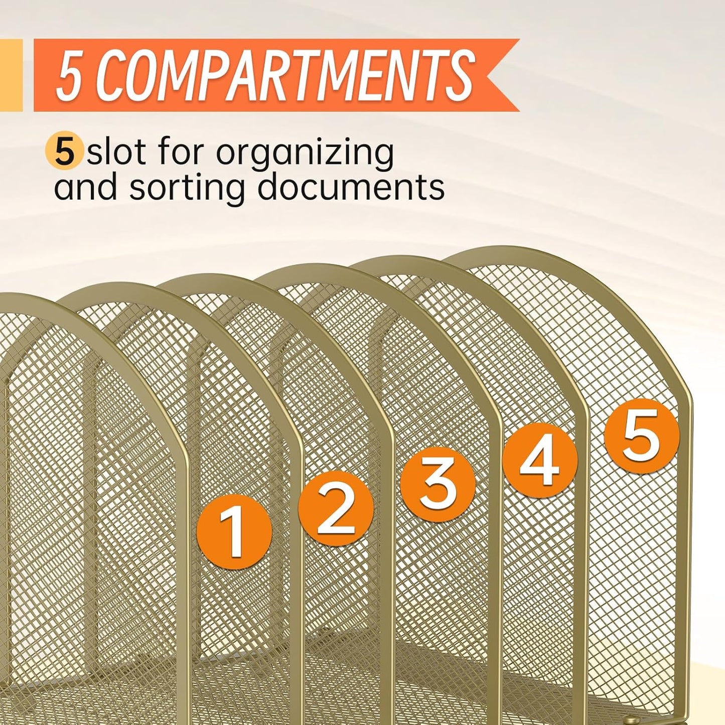 Desk File Organizer 5 Sections Desktop Organizer File Sorter Office Organization File Folder Holder for Office School & Classroom (Gold, 5 Section - 1Pack)