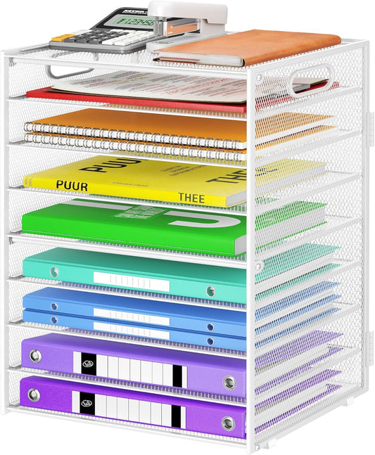 9 Tier Paper Organizer with Handle, Large Capacity Desk Organizer Mesh File Folder Letter Paper Tray Desktop Document Sorter for Classroom, School, and Office Accessories Organization- White