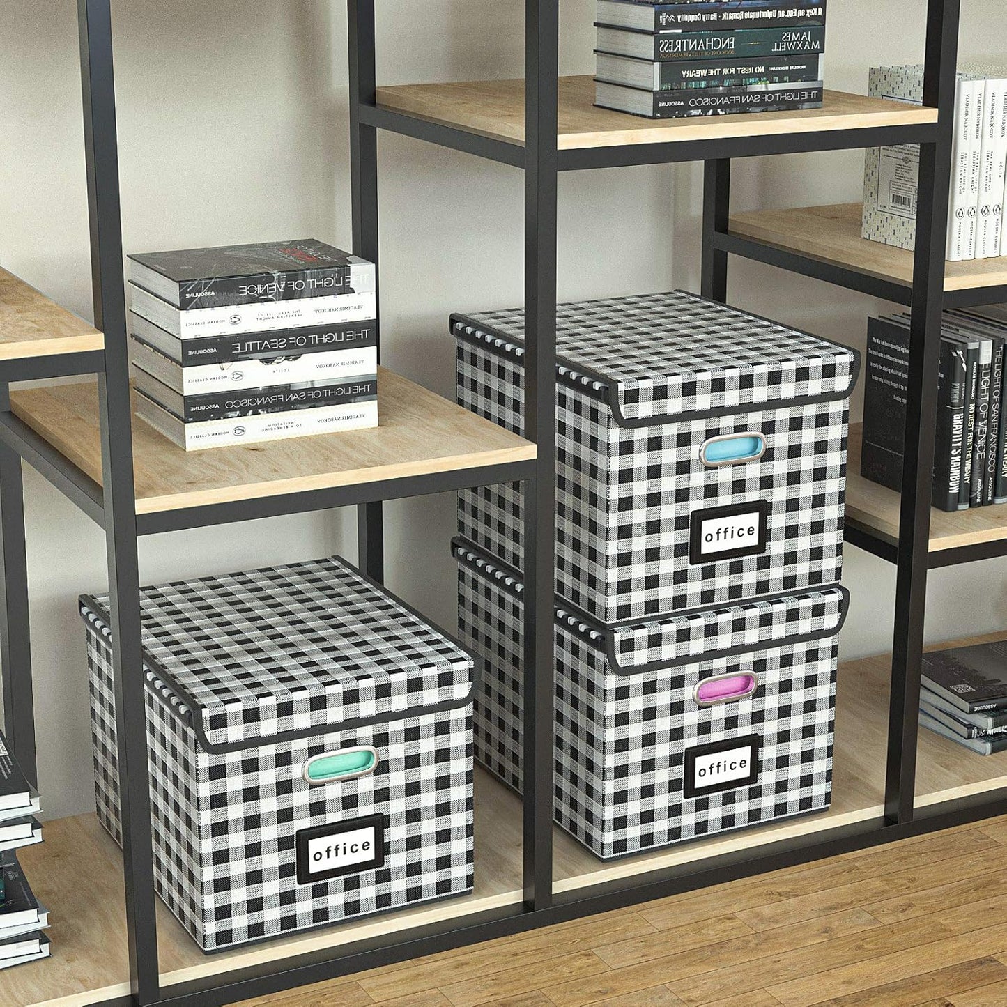 Huolewa Decorative Collapsible File Storage Organizer Boxes with Lids, Hanging Filing & Storage Boxes for Office/Decor/Home, Filing System for File and Folders Storag - (Black & White Lattice)