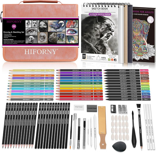 HIFORNY 100 PCS Drawing & Sketching Set, Professional Art Supplies with Graphite,Charcoal, Colored,Watercolor,Metallic Pencils,Blending Tools,Sketchbook and Coloring Book in Zipper Case (Pink)