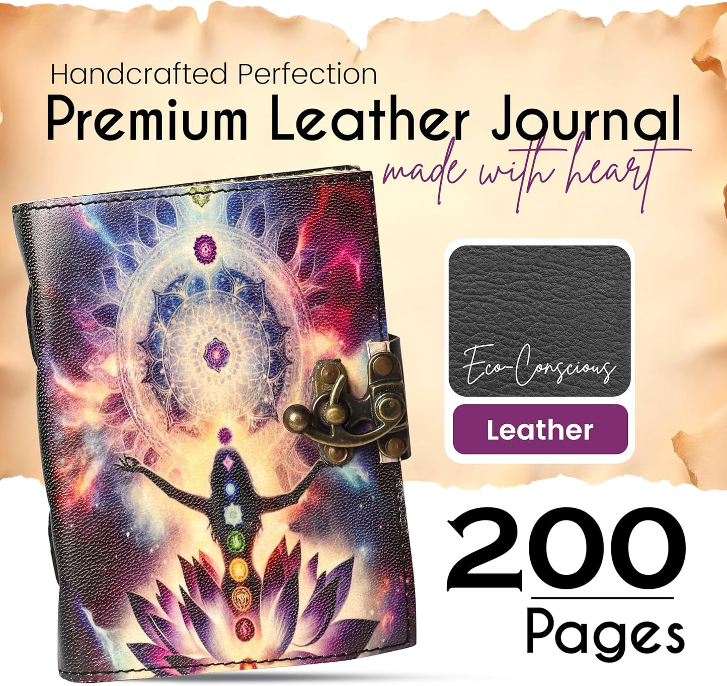 Blank Spell Book of Shadows Seven Chakra Leather Journal with Vintage Clasp Lock – 200 Page Antique Deckle Edge Leather Bound Notebook – For Writing, Drawing, Home, Office, Travelling