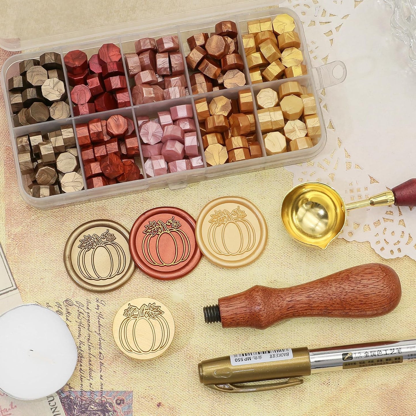 SWANGSA Fall Pumpkin Wax Seal Stamp Kit with 200pcs Sealing Wax Beads, Great for Halloween, Thanksgiving, Autumn Party Invitations, Wine Packages, Gift Wraps