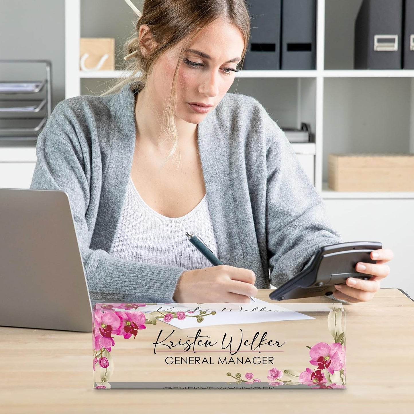 Personalized Name Plate for Desk, Custom Desk Name Plate, Acrylic Name Plate Office Desk Accessories, Personalized Office Gifts for Coworkers Teachers, Employee Appreciation Gifts (A-Butterfly Orchid)