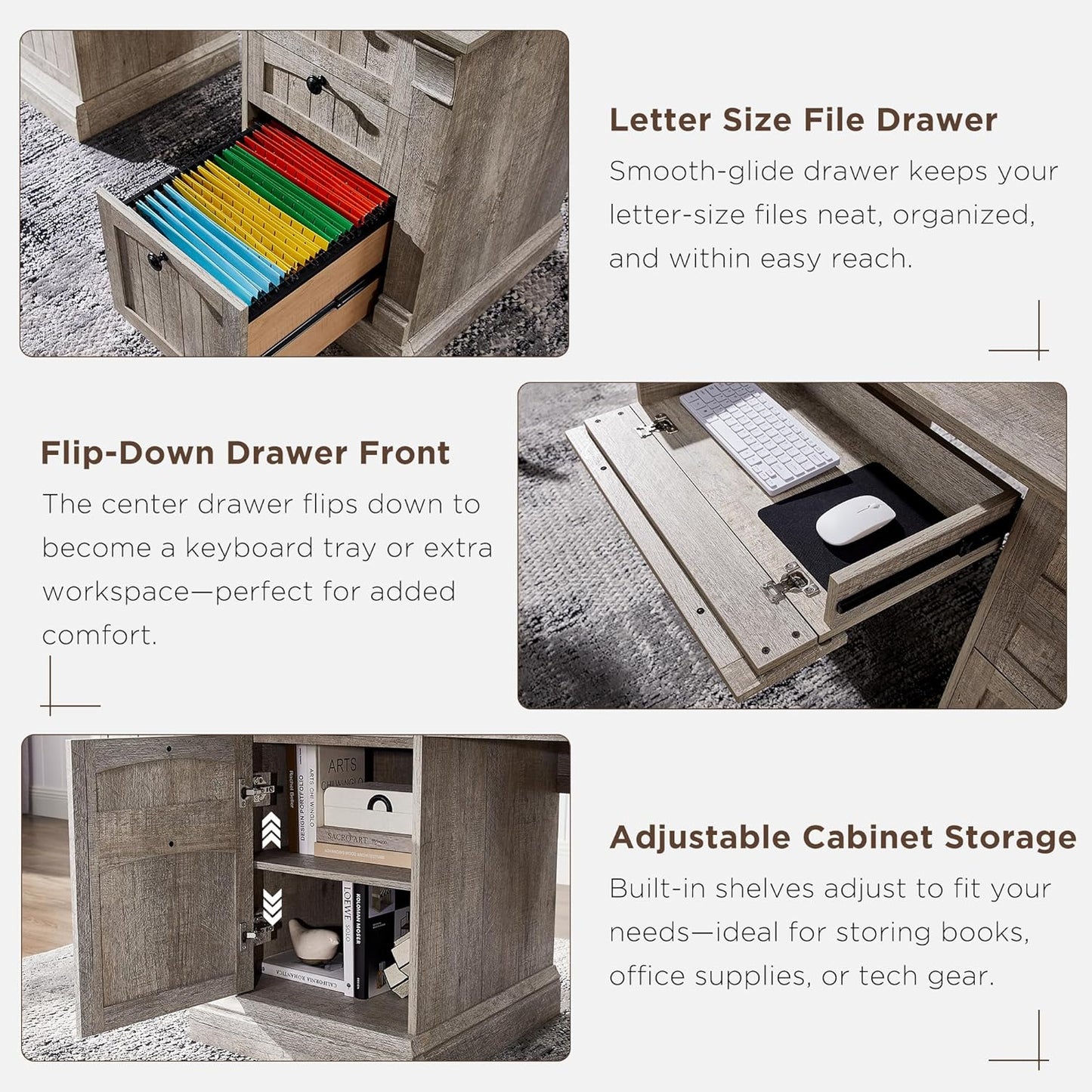 OKD 60" Executive Desk with Drawers, Farmhouse Home Office Desk with Charging Station, Keyboard Tray, File Cabinet Storage, Wood Computer Desk for Work and Study, Light Rustic Oak