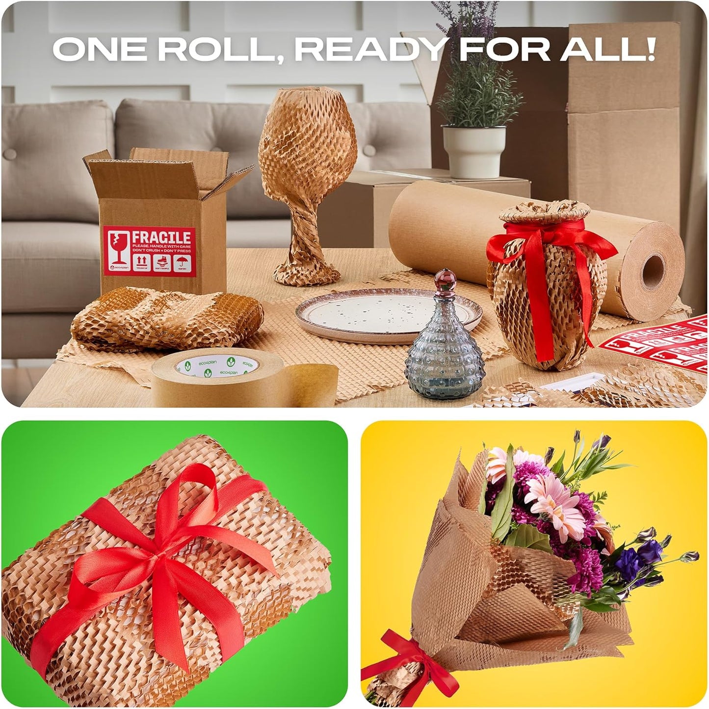 Honeycomb Packing Paper | Extra Thick 90 GSM Packing Wrap | Biodegradable Packing Materials: 12” x 400’ Moving Paper + 195’ Cellulose Adhesive Tape + 30 Fragile Stickers | Paper Bubble Wrap