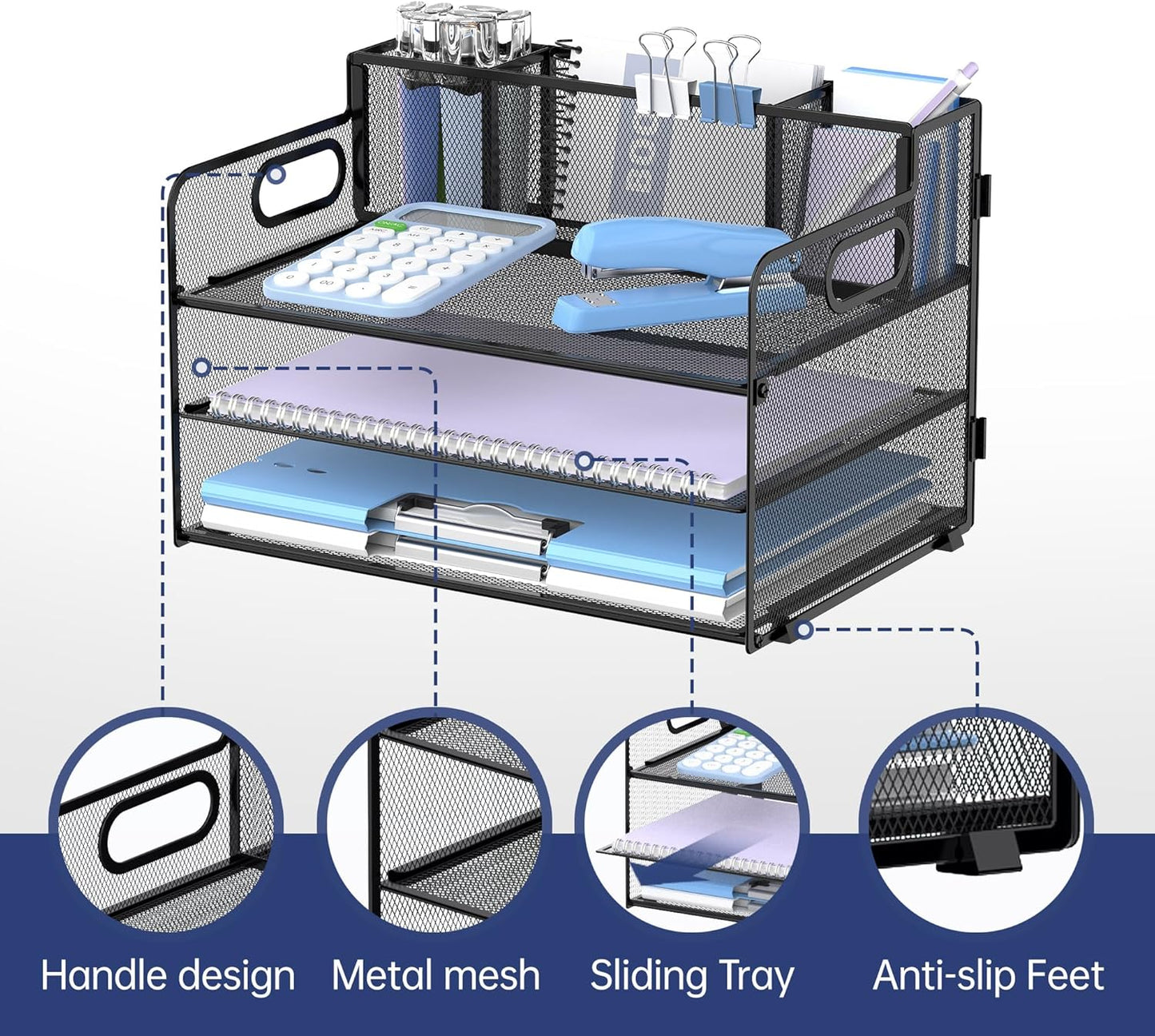 SUPEASY 3 Tier Desk Organizer with Handle & 3 Pen Holders, Mesh Paper/File Organizer for Desk, Paper Letter Tray Organizer for Office Supplies (Black)