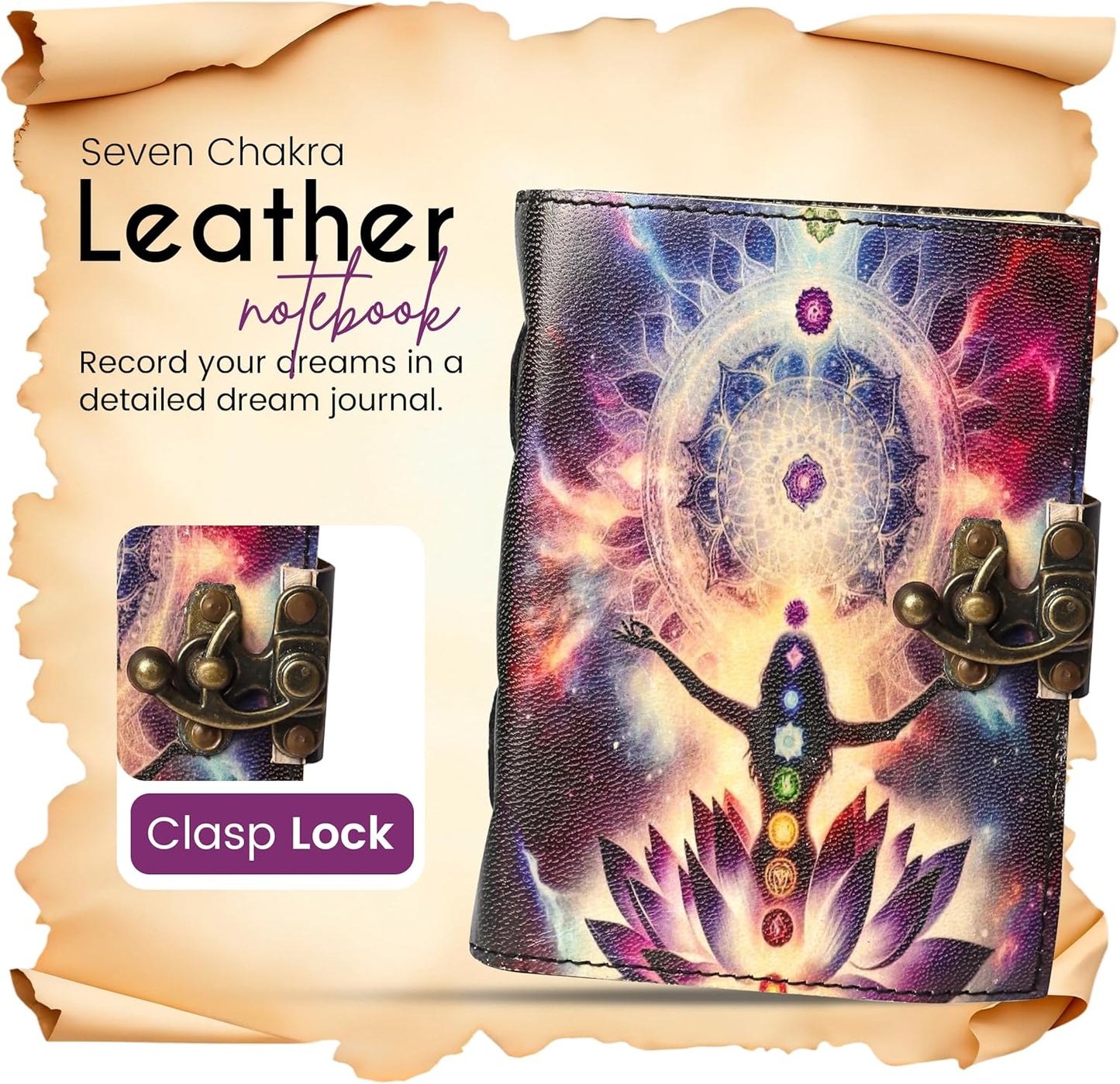 Blank Spell Book of Shadows Seven Chakra Leather Journal with Vintage Clasp Lock – 200 Page Antique Deckle Edge Leather Bound Notebook – For Writing, Drawing, Home, Office, Travelling