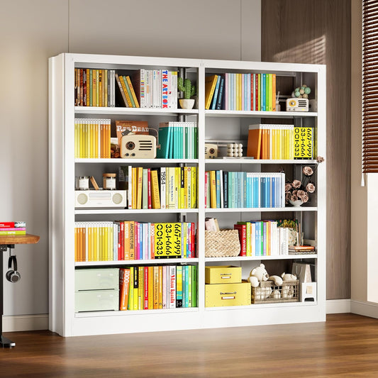 5-Tier Bookcase with Adjustable Storage Shelves, Metal Bookshelf with Book Stopper, Bookcase Shelf for Library, Office, Living Room (White-2)