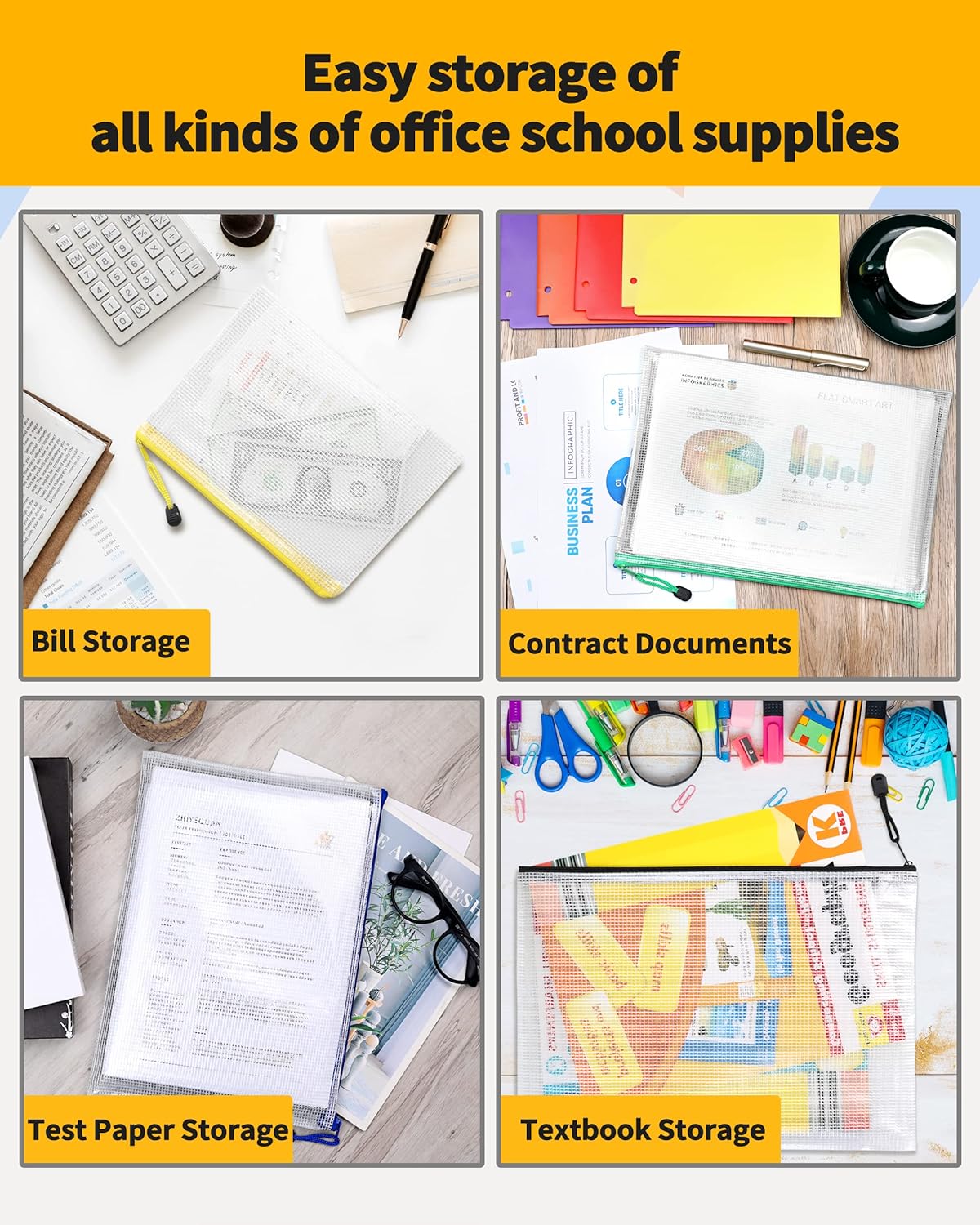 SUNEE Plastic Mesh Zipper Pouch 11x16 in (6 Colors, 18 Packs),Extra Large Water-Resistant Zip Bag for School Office Supplies, Puzzles & Games Organizing Storage