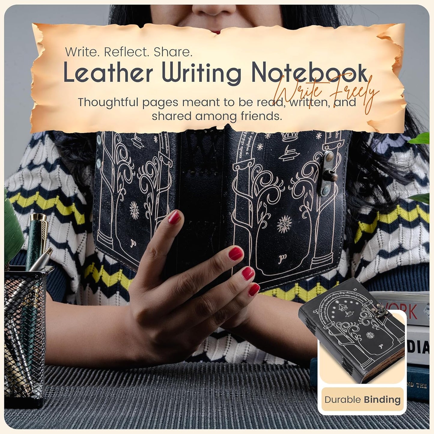 Black Doors of Durin Leather Journal – Book of Shadows Grimoire with Vintage Clasp Lock – Tolkien Lord of the Rings Inspired, 200 Page Antique Deckle Edge Vintage Leather Notebook