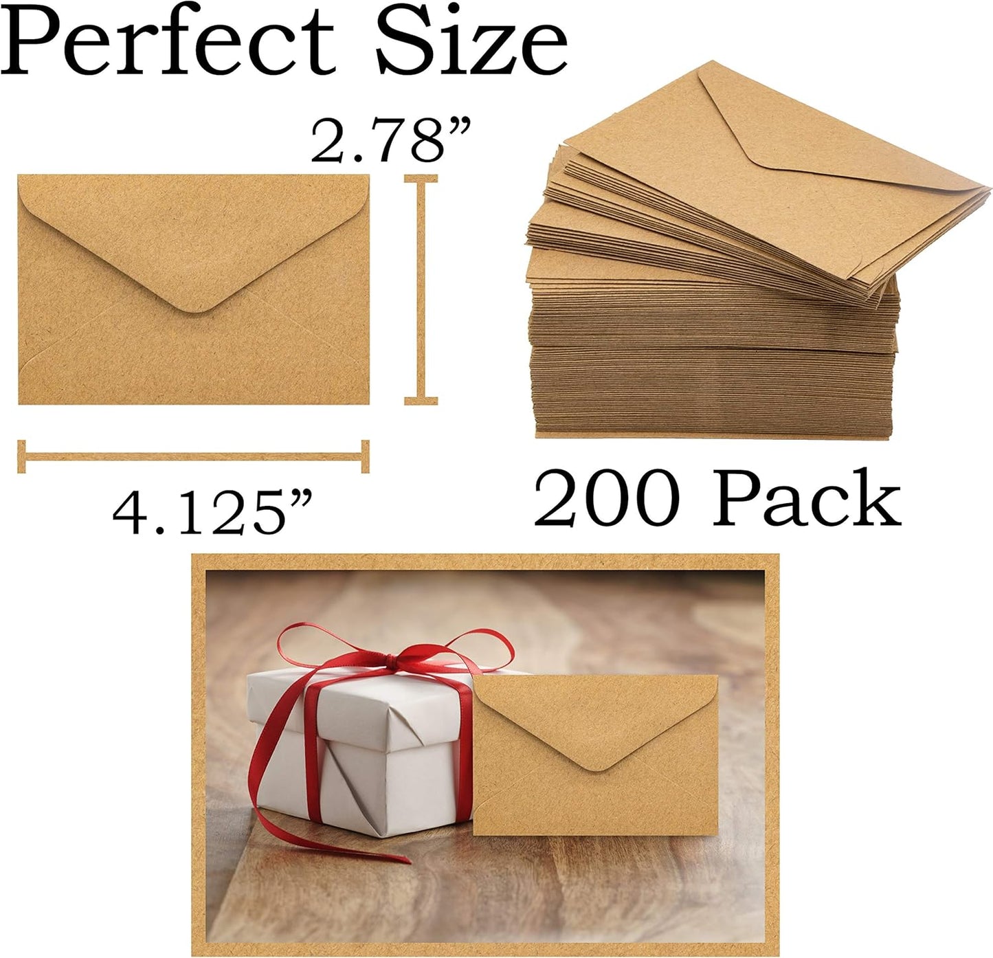 Mini Envelopes Kraft 200 Pk Small 4.125” x 2.78” Brown Gift Cards Invitations Business Notes Tiny Mini Greeting Cards Save the Date Holders Sleeves Bulk