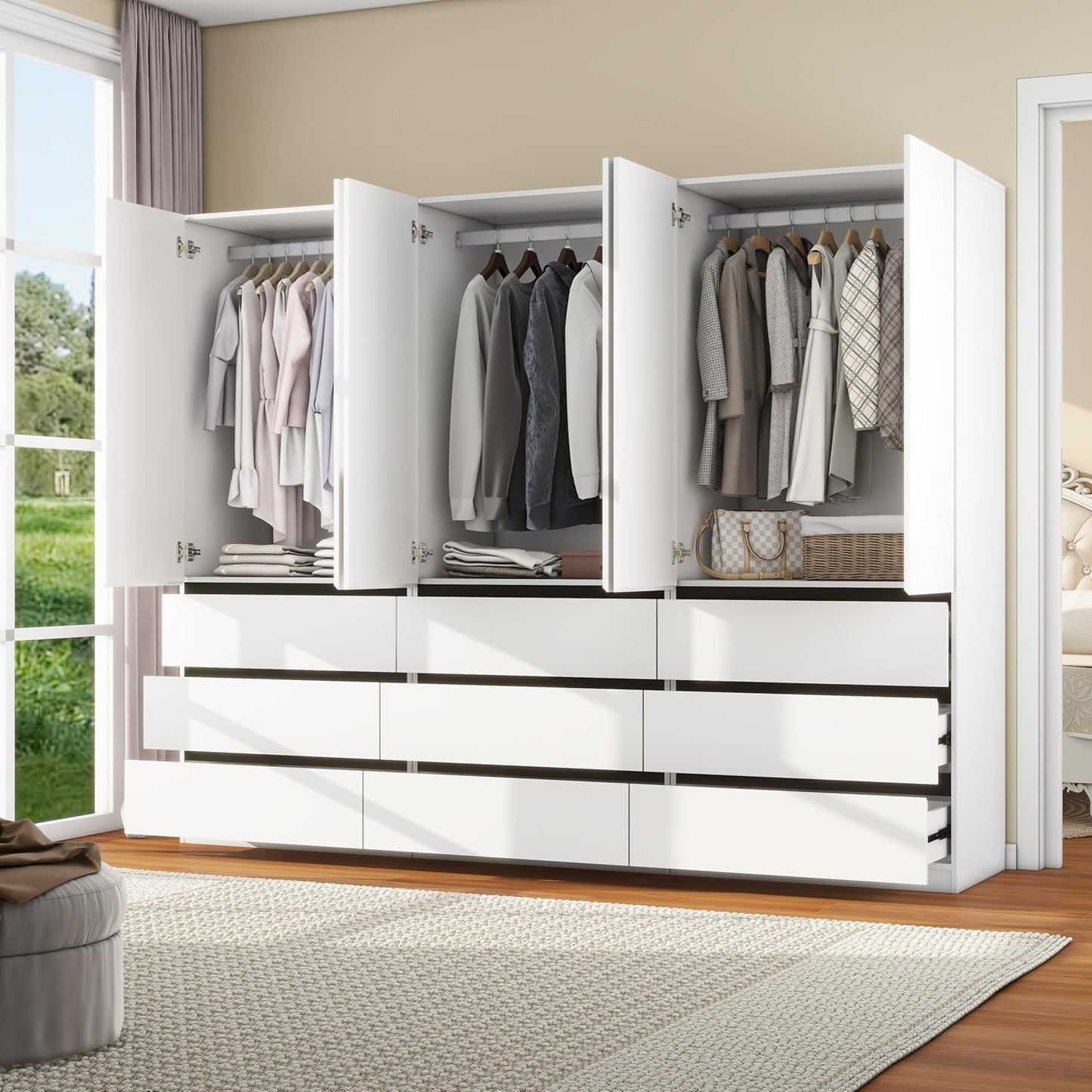 Bedroom Armoire Wardrobe Closet with 9 Drawers: White Wardrobe Closet with 6 Doors, Modern Cabinet for Clothes with Shelves, Wooden Armoire for Hanging Clothes (Modern, 3)