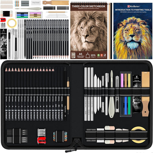 Kird Barken 112 PCS Professional Drawing Set – Sketch Kit with Graphite & Charcoal Pencils, 3-Color Sketchbook, Art Supplies for Shading & Blending – Ideal for Artists, Adults, Teens & Beginners