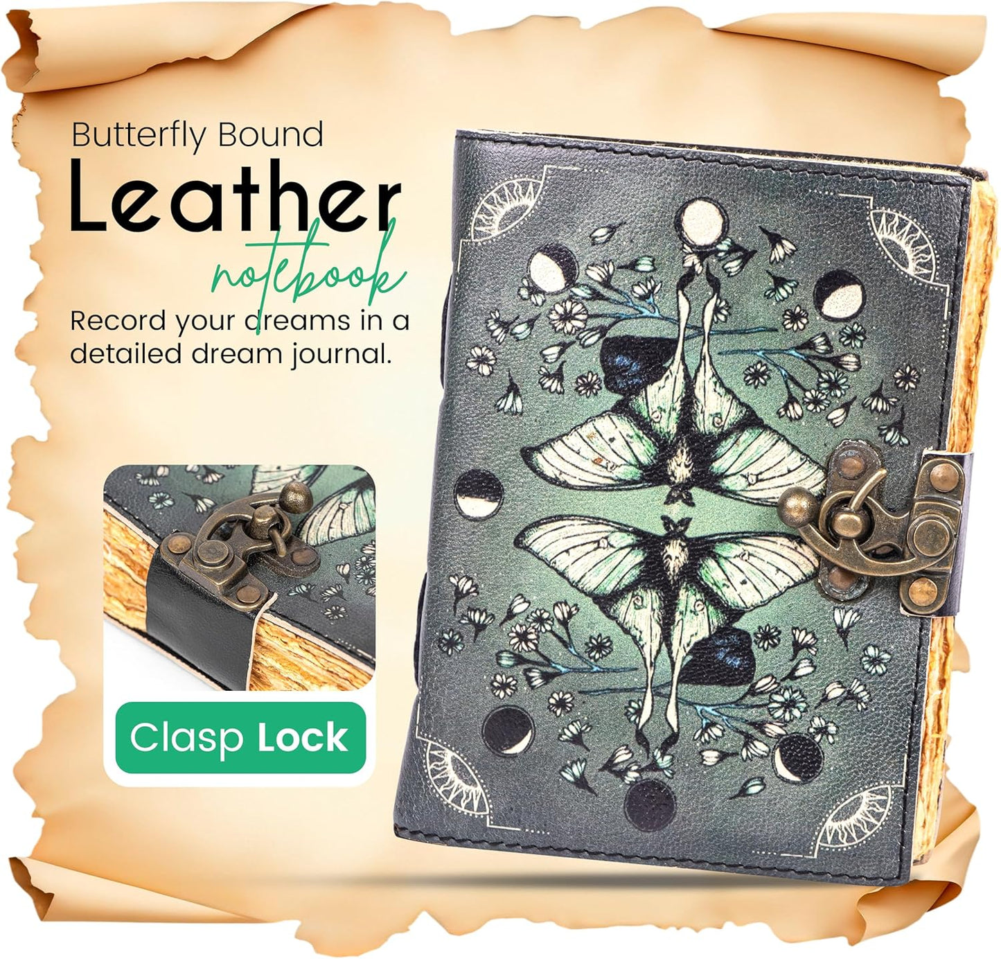 Blank Spell Book of Shadows Leather Journal Diary – Luna Moths and Morpho Butterfly Bound Journal with Clasp Lock – 200 Page Deckle Edge Vintage Notebook for Writing, Home, Office, Travelling
