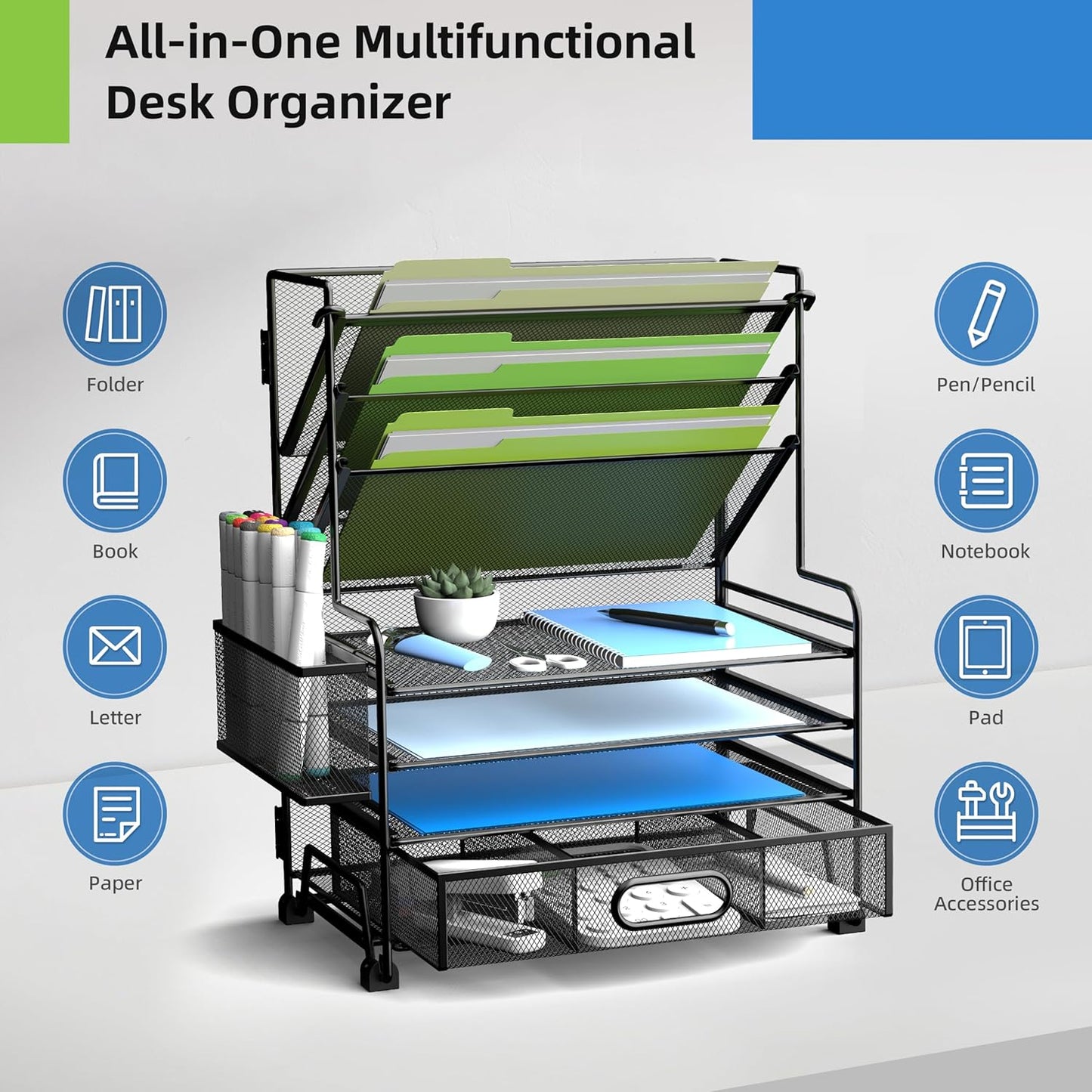 4-Tier Paper Organizer + 3-Pocket File Holder + Drawer + Pen Holders, Desktop File Organizers Paper Tray for Office Accessories School Classroom Organization (Black)