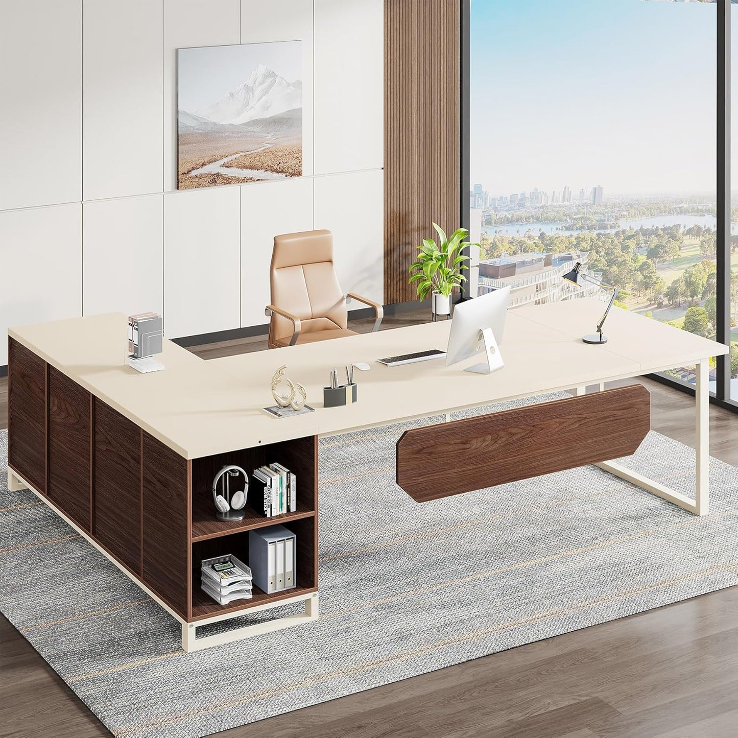 Tribesigns 70.8" Executive Desk with 55" File Cabinet, Modern L Shaped Computer Desk with Storage Shelves and Cabinet, Large L Shaped Executive Desk for Home Office, Beige & Walnut