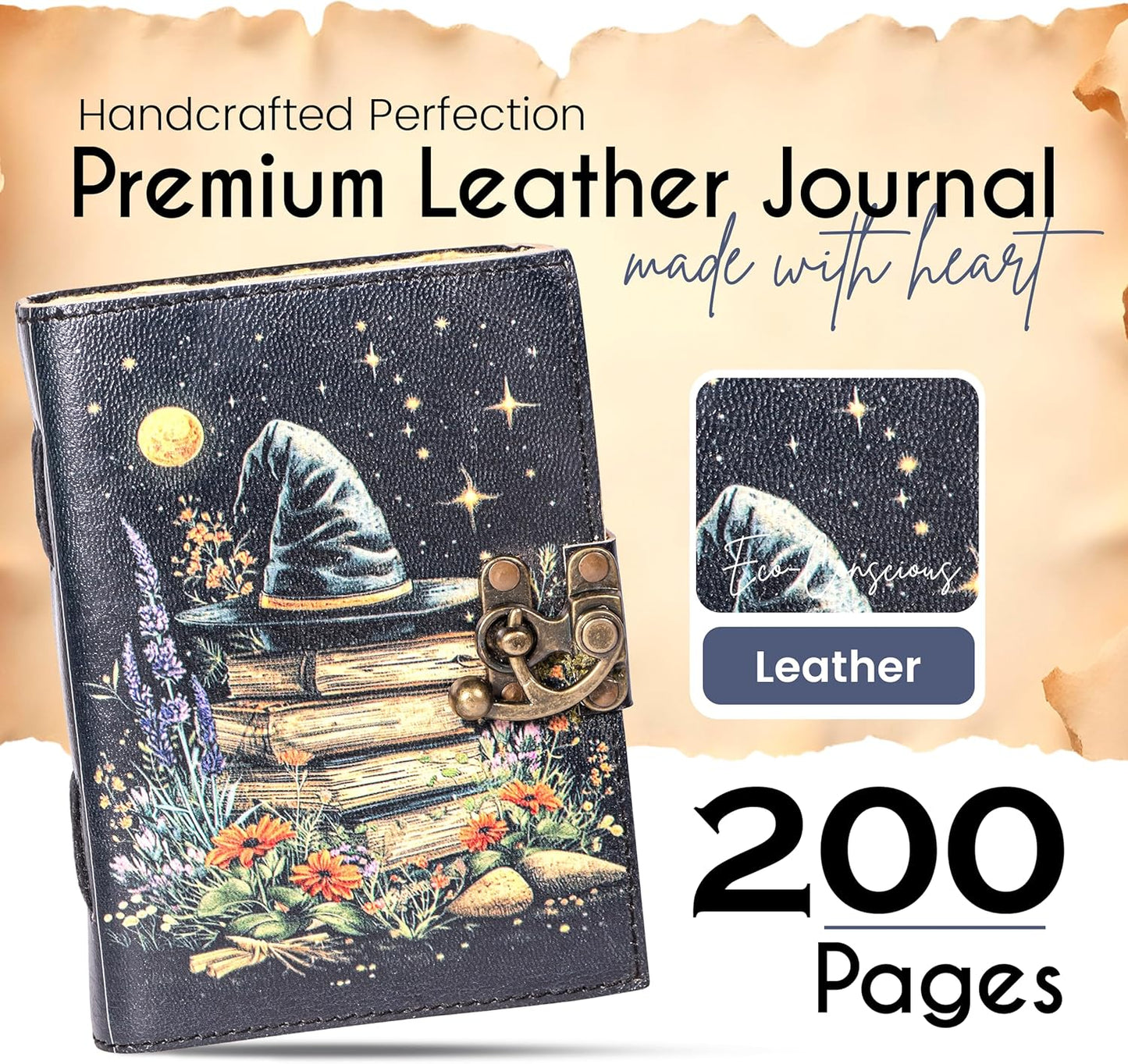 Book of Shadows Leather Journal, Merry Christmas Spellbook with Vintage Clasp Lock – 200 Page Antique Deckle Edge Leather Bound Notebook – Notebook Journal Christmas Gift For Men & Women