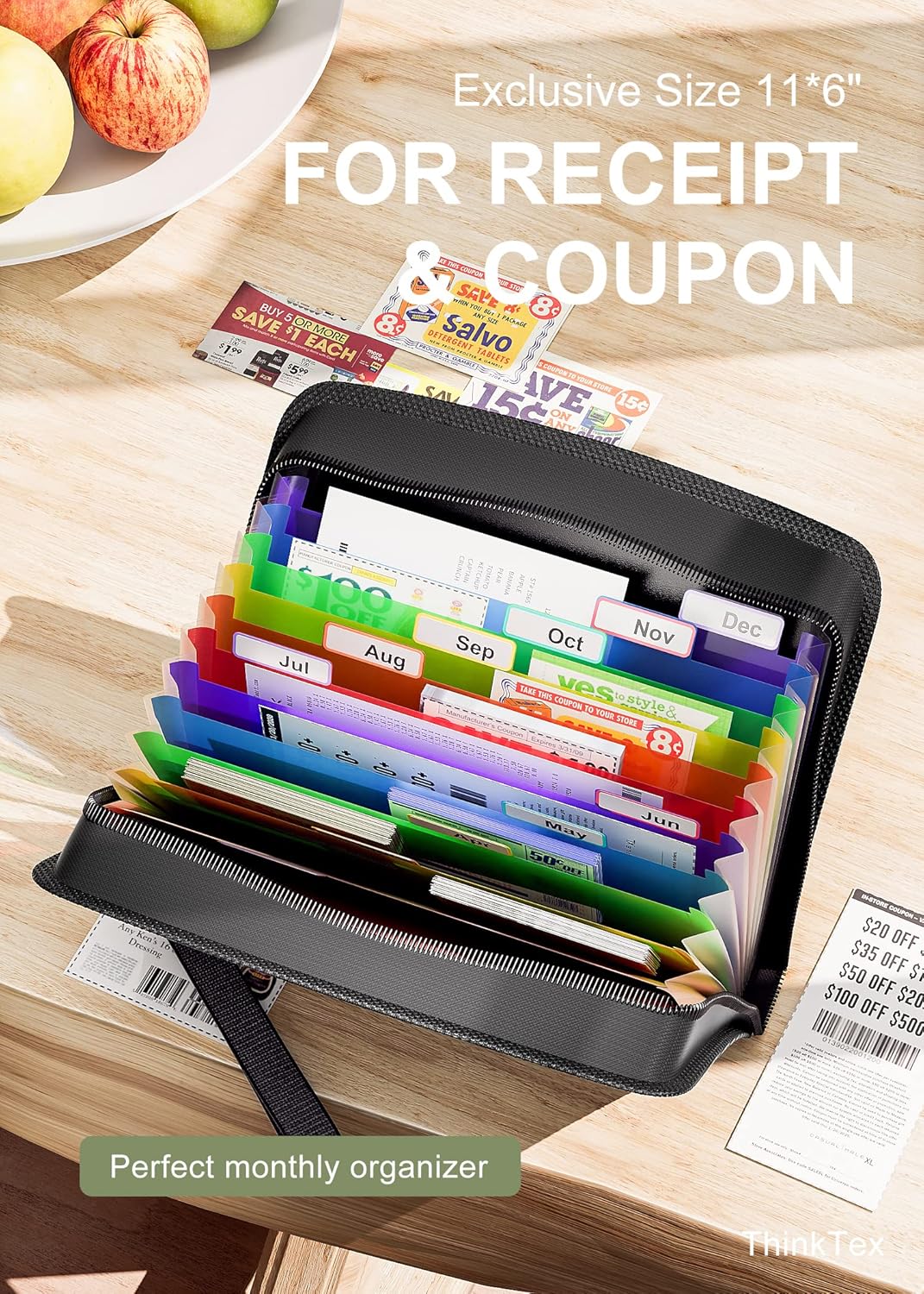 ThinkTex Receipt Coupon Organizer, 12 Pockets Small Accordion File Organizer, Junior Size 11x 6.6 Inches, Zipper Closure, Multi-Color Tabs