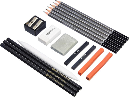 Amazon Basics Sketching and Drawing Art Pencil Kit, Artist Supplies with Pencils, Erasers, Sharpener, Charcoal, Black, White, 17 Piece Set