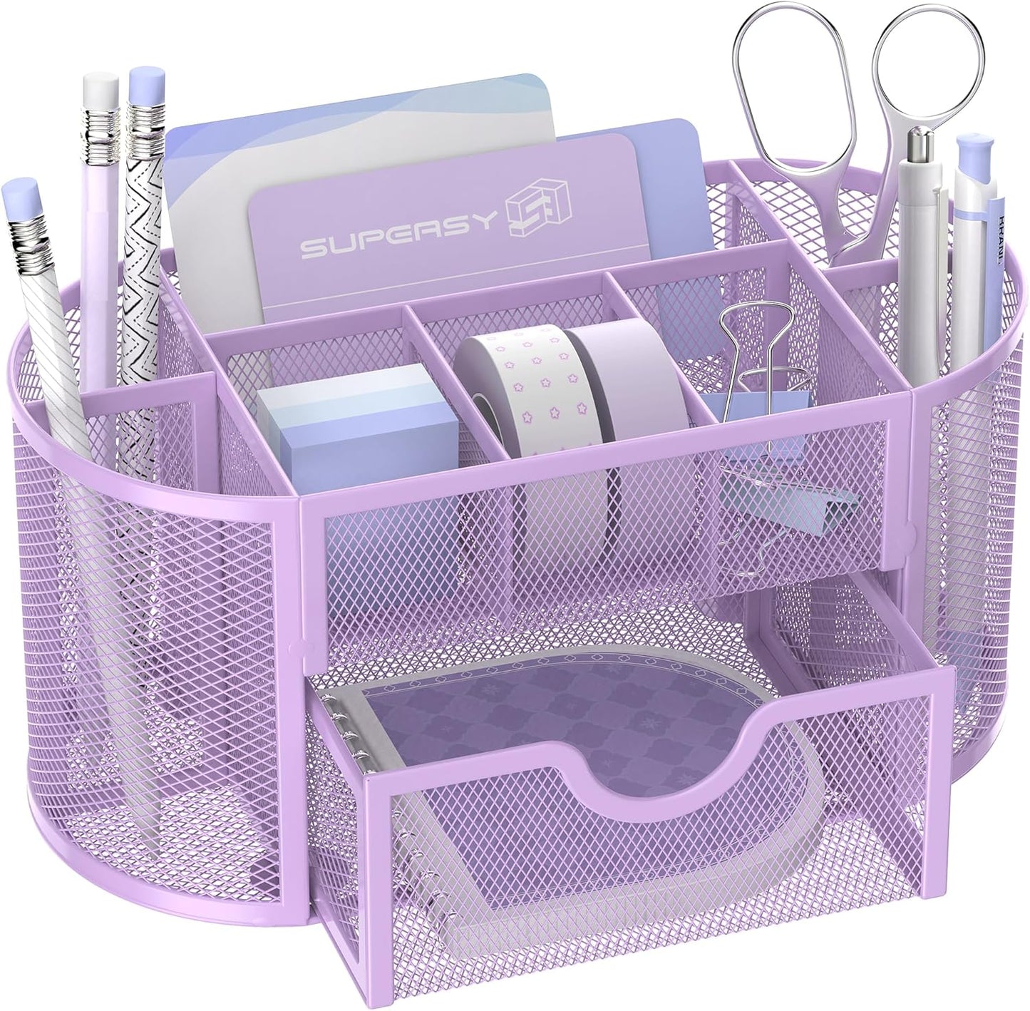SUPEASY Mesh Desk Organizer, Desk Accessories & Workspace Organizers with Drawers, Pencil Holder for Desk with 9 Compartments for Office Suppliess, 8.6 x 4.3 x 4.1 Inch, Purple