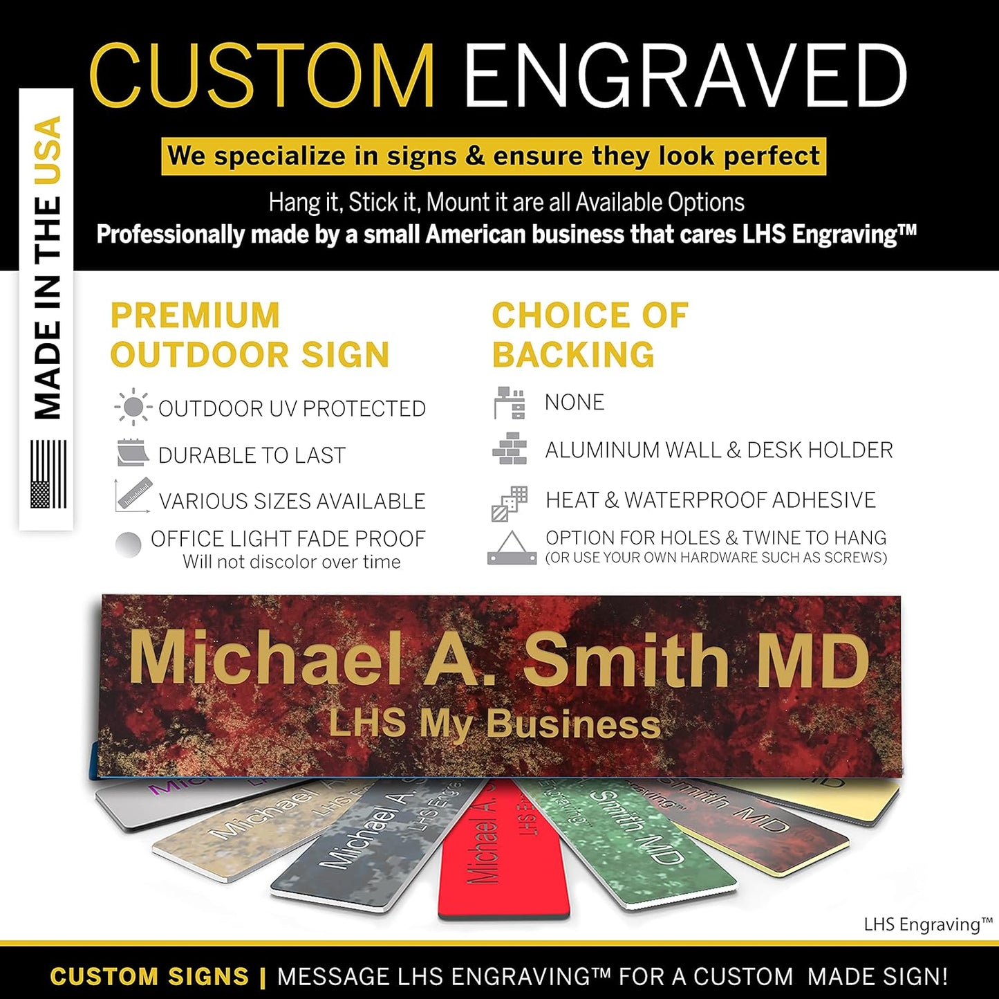 Engraved Name Plates for Door Sign Personalized Rustico Granite Pattern Plastic Plaque with Gold Letters - Made in USA 2x4 S7