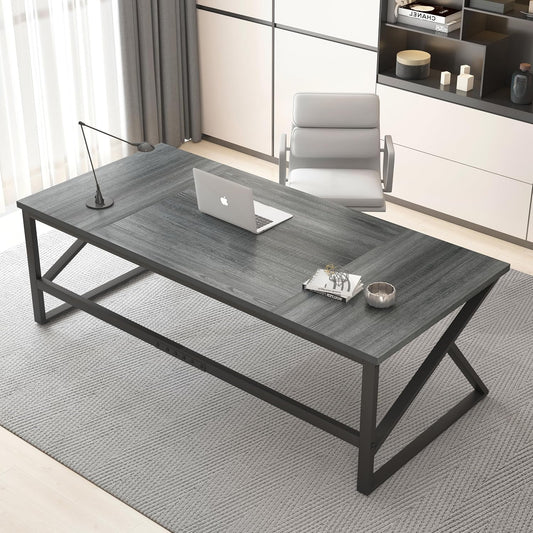 HSH Extra Long Computer Desk, Industrial Metal Wood Home Office Desk, Large PC Laptop Table for 2 Person Executive Writing Work Study Gaming, Bedroom Living Room Dual Monitor Desk, Dark Gray, 70 Inch