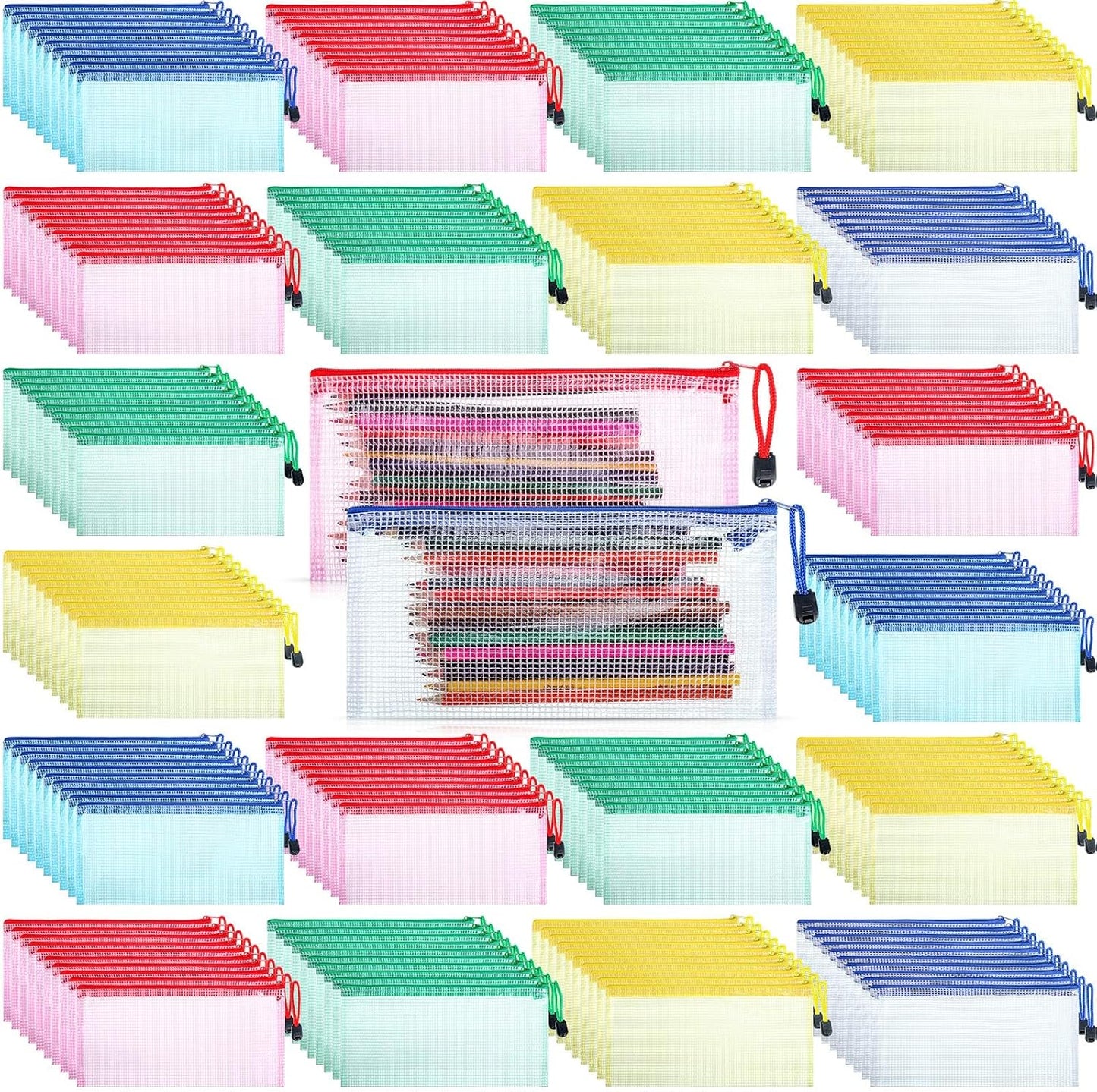 Zhehao 200 Pieces A6 Mesh Zipper Pouch Bulk Mesh Bags with Zipper Waterproof Small Pencil Pouches for School Office Supplies Organization 9.4 x 4.5 Inches(Mixed Colors)