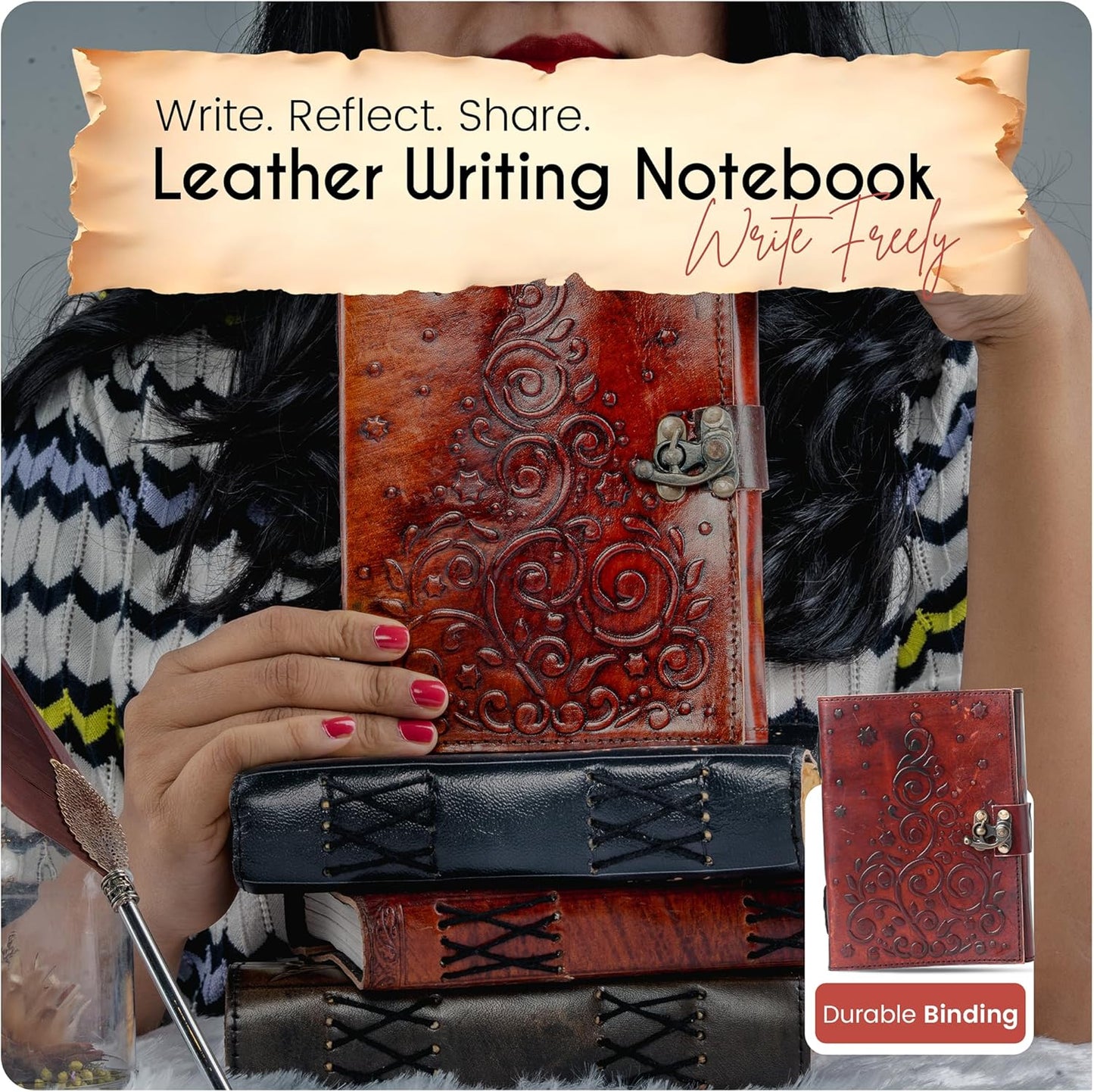 Vintage Brown Flower Embossed Leather Journal with Antique Clasp Lock – 200 White Page Deckle Edge Leather Bound Notebook – Notebook Journal for Writing, Drawing, Home, Office, Travelling