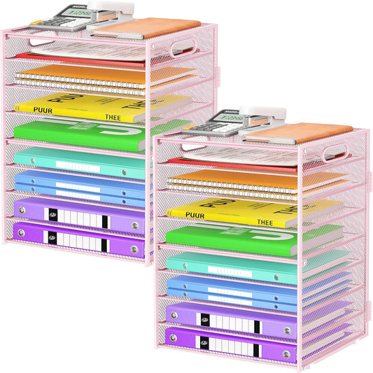 9 Tier Paper Organizer with Handle, Large Capacity Desk Organizer Mesh Paper Letter Tray File Folder Document Sorter for Classroom and Office Accessories Organization- Pink (2 Pack)