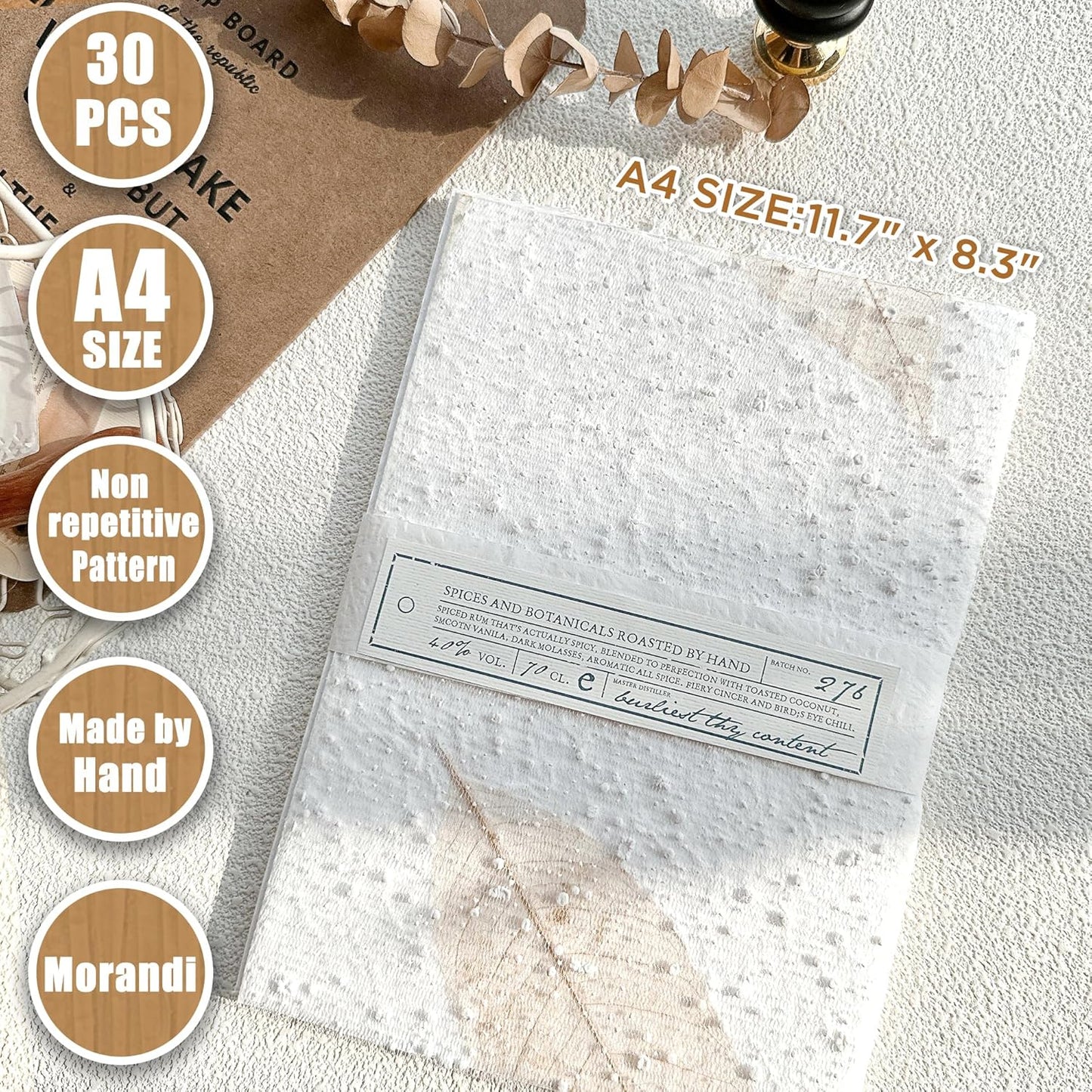 Aromoty 30 sheets Textured Scrapbook Paper&Mesh Fabric set - A4 Large Craft Mulberry Special Paper Mix for Scrapbooking White Junk Journal Supplies Card Materials Wedding Collage, 11.7x8.3 Inches