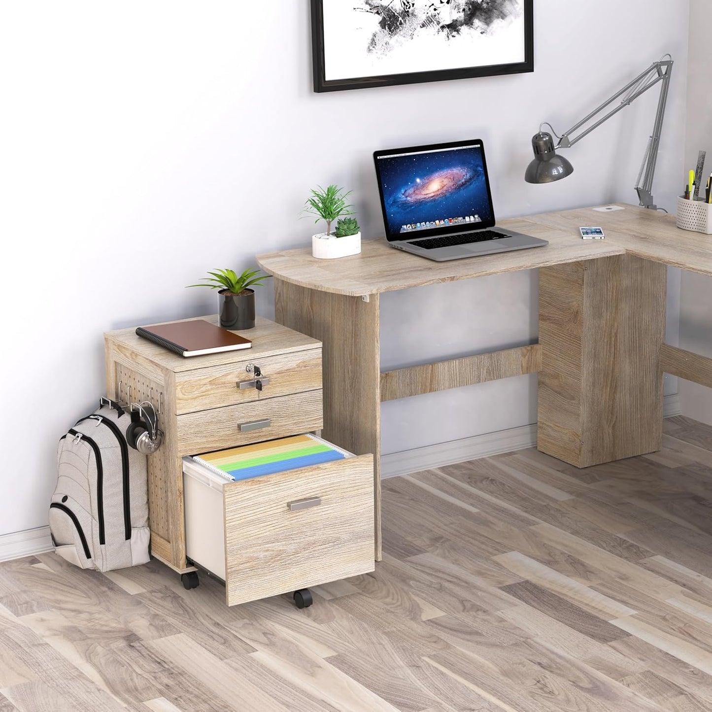 SHW Box Box File Rolling Mobile Cabinet with Side Pegboard and One Lockable Drawer, Maple