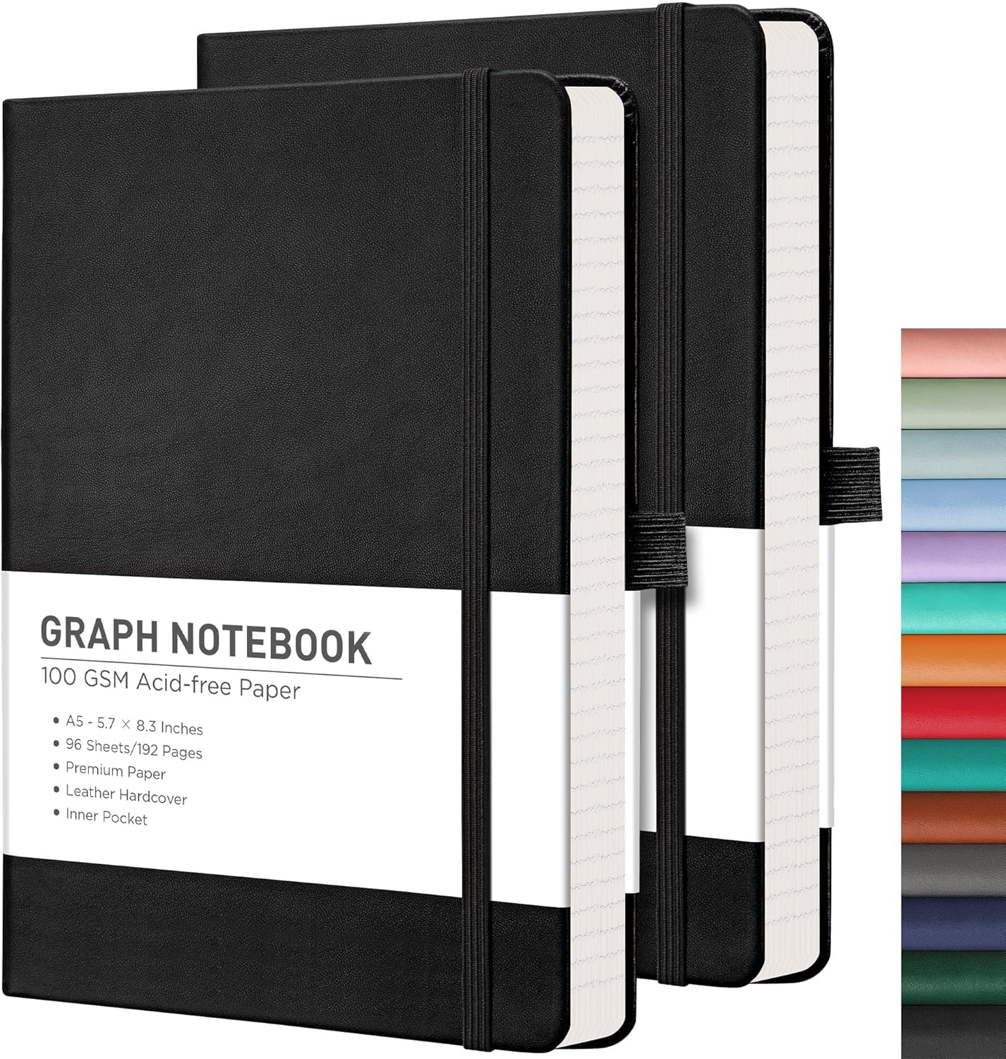 RETTACY Graph Grid Paper Notebook, 2-Pack, 192 Pages per Pack, A5 Medium Size (5.7'' x 8.3''), Leather Hardcover, 100 GSM Thick Paper, for School, Students, Math, Engineering (Black & Black)