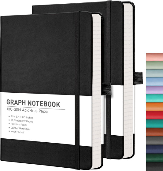 RETTACY Graph Grid Paper Notebook, 2-Pack, 192 Pages per Pack, A5 Medium Size (5.7'' x 8.3''), Leather Hardcover, 100 GSM Thick Paper, for School, Students, Math, Engineering (Black & Black)