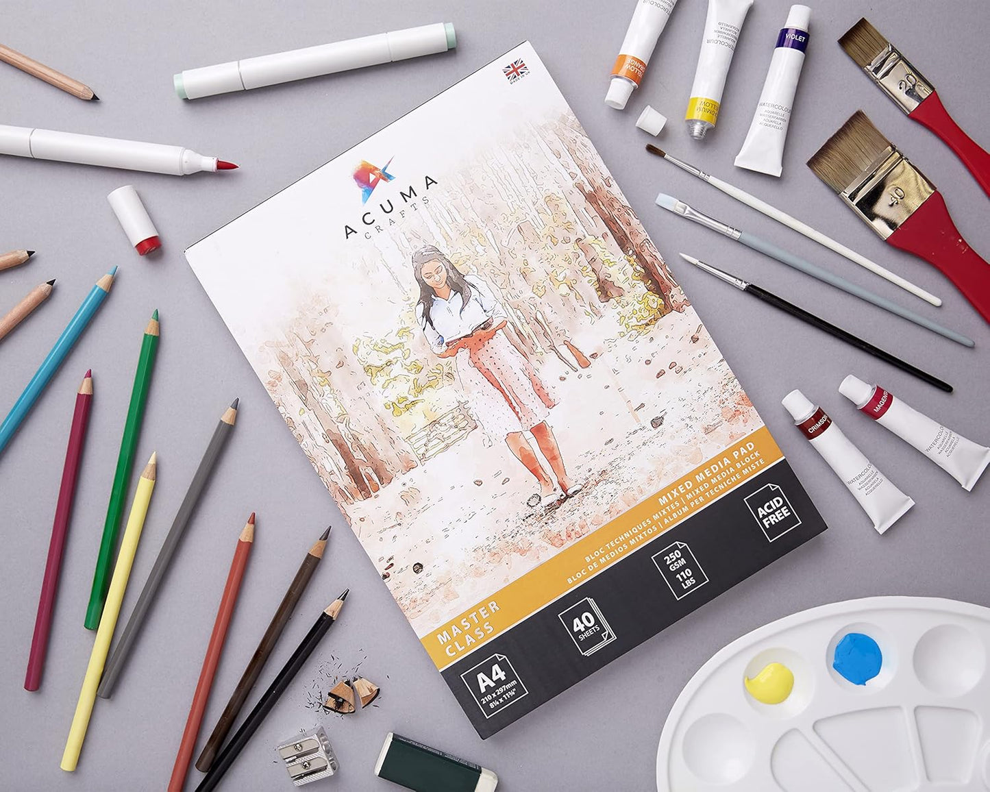 Mixed Media Paper Art Pad, 40 Sheets, A4 Size 110 lb/250 GSM, Glue Bound, Bleedproof, Acid Free, Cold Pressed for Artists Wet, Mixed Media Drawing and Techniques, Made in UK by Acuma Crafts