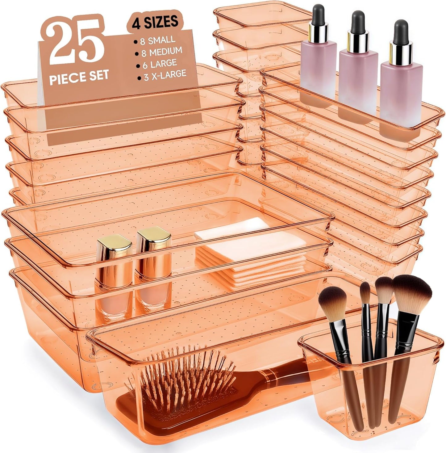 Coffee Acrylic Drawer Organizers Set Storage for Makeup, Office Desk Small Vanity Trays for Drawer Bathroom Plastic Make up Organizers 25 Pcs