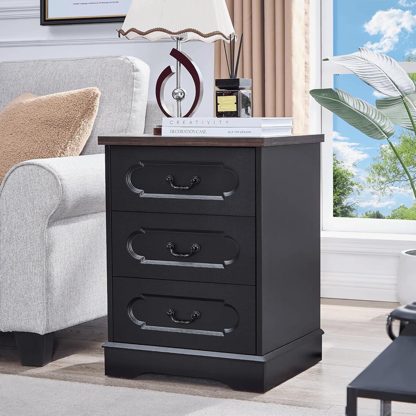 LIDYUK 3 Drawer Dresser for Bedroom Farmhouse Black Wood Chest of Drawers Bedroom Dresser with Charging Station, Rustic Small Drawers Dressers Nightstand Wooden Closet Storage Cabinet, Living Room