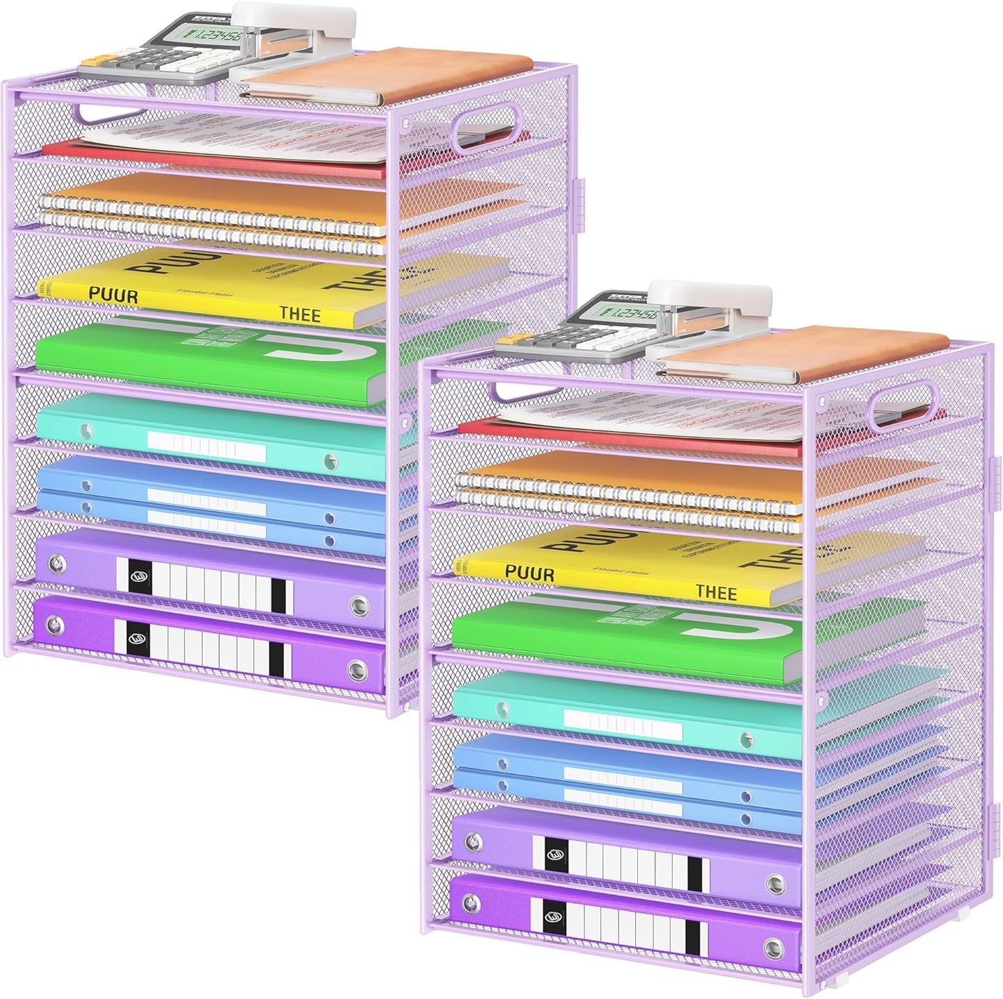 9 Tier Paper Organizer with Handle, Large Capacity Desk Organizer Mesh Paper Letter Tray File Folder Document Sorter for Classroom and Office Accessories Organization- Purple (2 Pack)