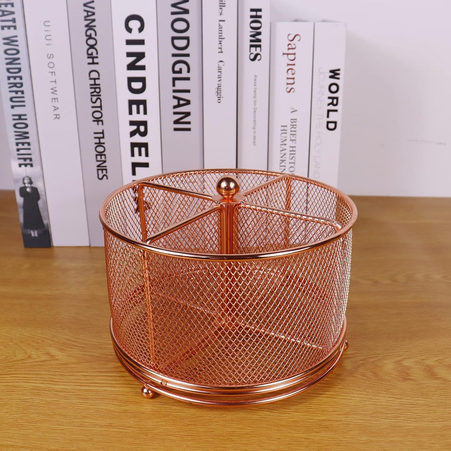 Rose Gold Pen Holder for Desk, Mesh Rotating Desk Pencil Marker Organizer, Large Capacity Stationery Storage Office Supplies Organization, 4 Compartments for Women Kids Students Teachers