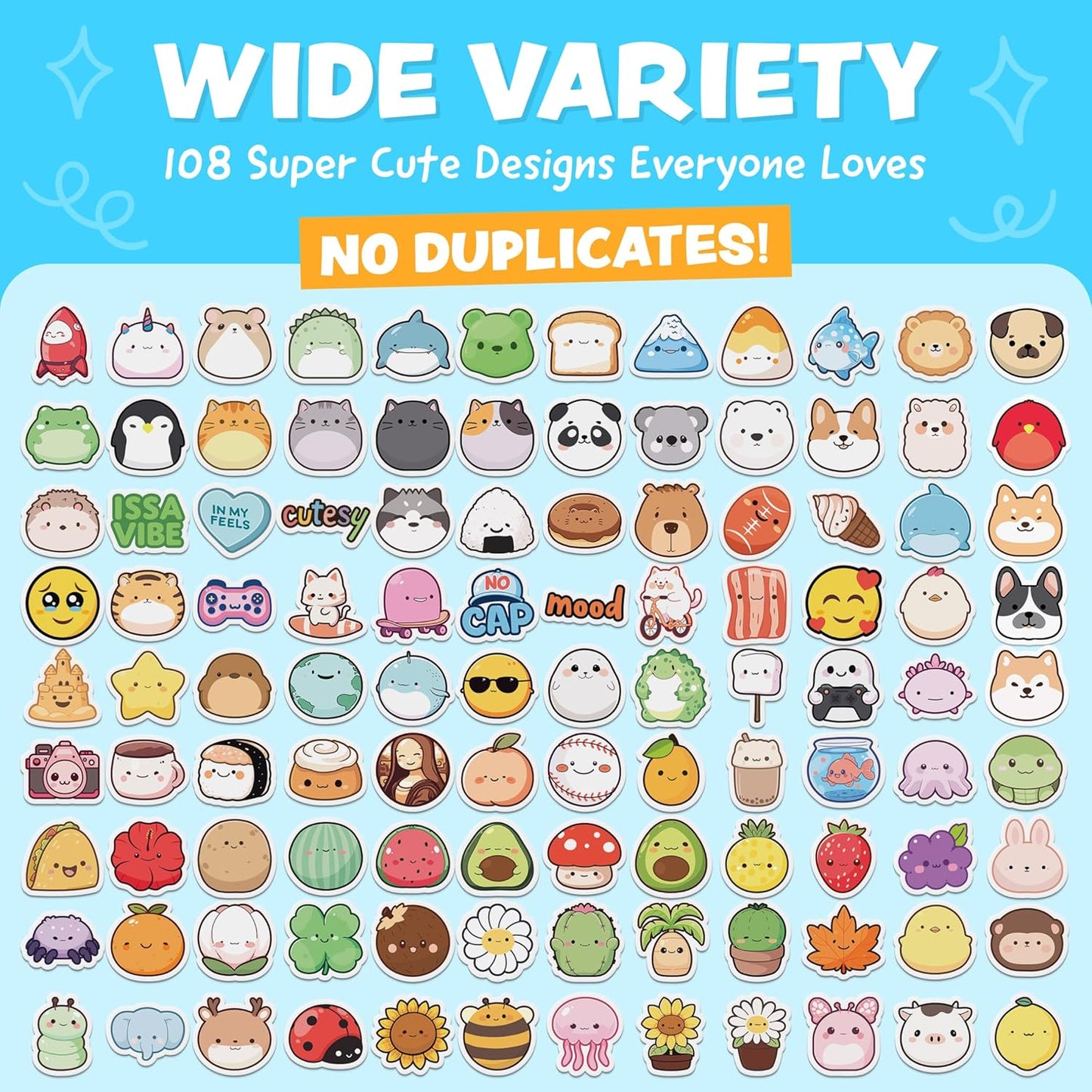 Cute Stickers for Kids - Kawaii Stickers for Kids Classroom Decor, Water Bottle & Teacher Rewards - 108pc Easy Peel Bulk Pack for Teens - Waterproof Vinyl Decals - Scrapbooking, Journaling, Notebook