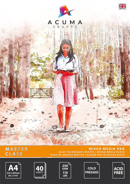 Mixed Media Paper Art Pad, 40 Sheets, A4 Size 110 lb/250 GSM, Glue Bound, Bleedproof, Acid Free, Cold Pressed for Artists Wet, Mixed Media Drawing and Techniques, Made in UK by Acuma Crafts