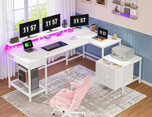 L Shaped Computer Desk with Drawers, Gaming Desk with LED Lights & Monitor Shelf, Office Desks with Power Outlets, Corner Desks for Home Office, Study Room and Bedroom, White
