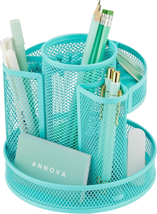Annova Mesh Desk Organizer Rotate with 5 Compartments Round Spinning Tidy Candy/Pen Holder Desk Accessories Office, Art Supply, Storage, Classroom, Home (Turquoise)