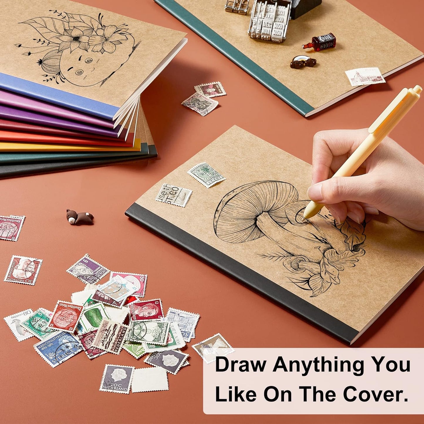 feela 56 Pack Composition Notebooks Bulk, Kraft Cover Lined Blank College Ruled Composition Travel Journals with Jewel Tone Spines For Women Students, 60 Pages, 8.3”x 5.5”, A5, 8 Vintage Colors