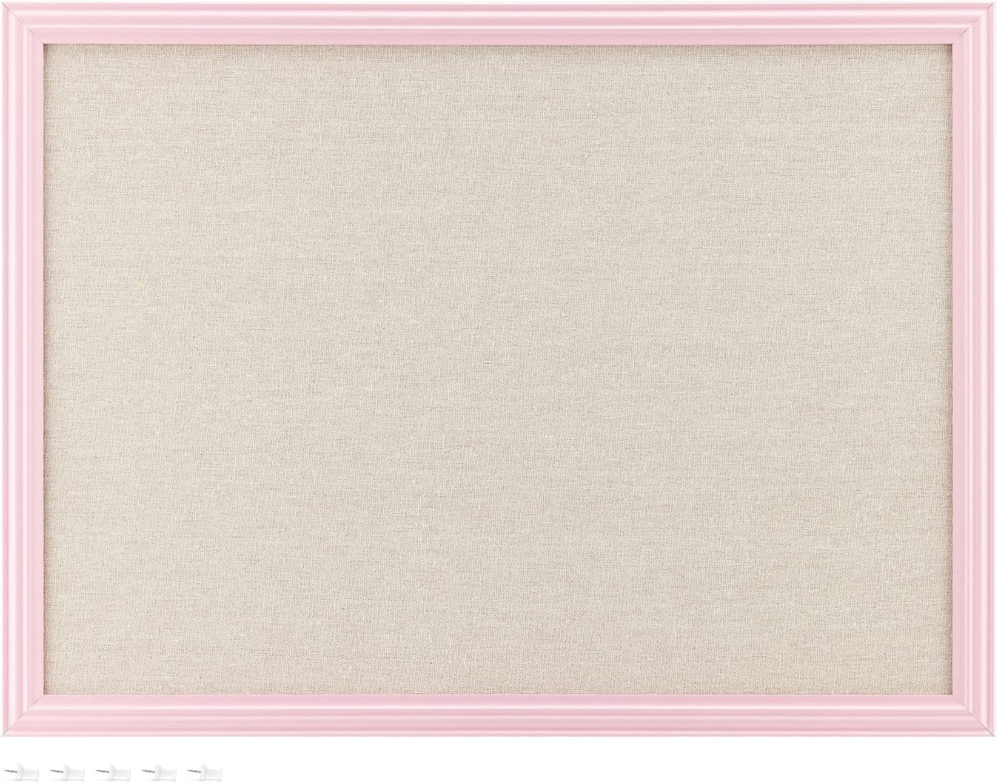 Navaris Framed Linen Bulletin Board - 17 x 23 inches Fabric Jewelry Organizer Pinboard for Wall Memory Memo Pin Board - Natural Linen with Pink Frame