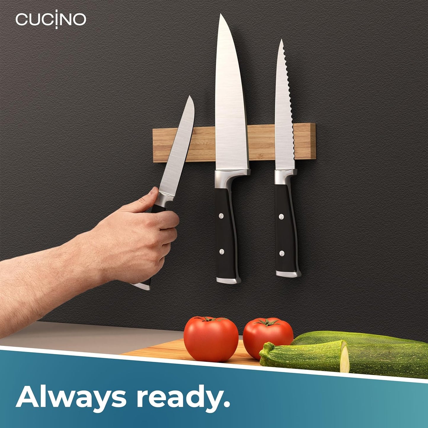 CUCINO Magnetic Knife Holder for Wall 10" No Drilling incl. Self Adhesive Tape - Extra strong Knife Holder - Awarded Knife Magnetic Strip - Made of Bamboo