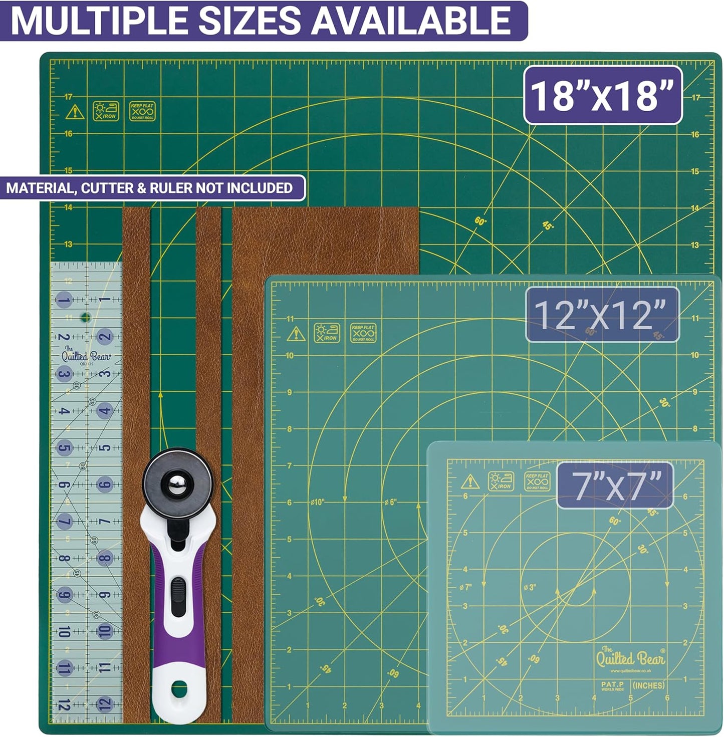The Quilted Bear Rotating Cutting Mat 18" x 18" - Square 360° Rotating Self Healing Mat with Innovative Locking Mechanism for Quilting & Sewing Your Choice of Colours Available! (Green)