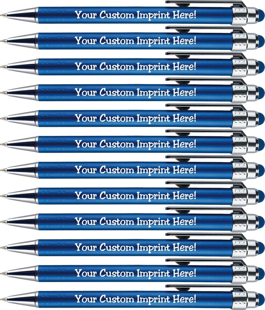 Personalized Pens with Stylus Tip -Bright Vibes- Click action - Custom - Black writing - Printed Name pens - Imprinted with Your Logo or Message - FREE PERSONALIZATION - 12 Pens/Box (Blue)