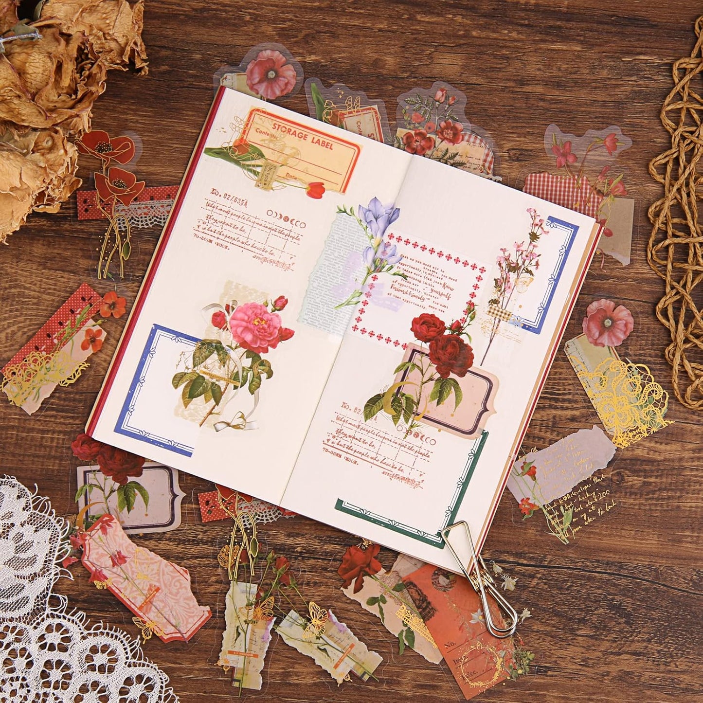 Dizdkizd Die Cut Gold Foil Floral Stickers (180 Pieces), Transparent Aesthetics Sticker Set Vintage Flower Decals for Scrapbooking Card Making Journaling Paper Crafting