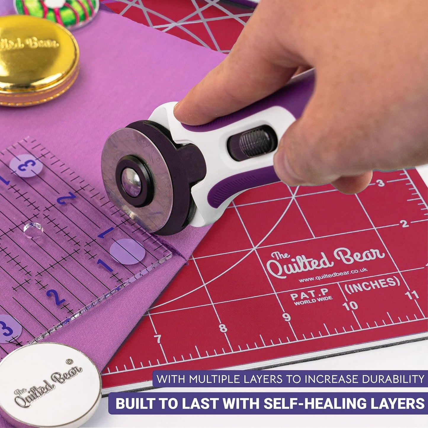 The Quilted Bear Rotating Cutting Mat 12" x 12" - Locking & Rotating Self Healing Cutting Board for Sewing, Fabric & Quilting - 360 Degree Sewing Supplies Mat for Craft Table (Pink)