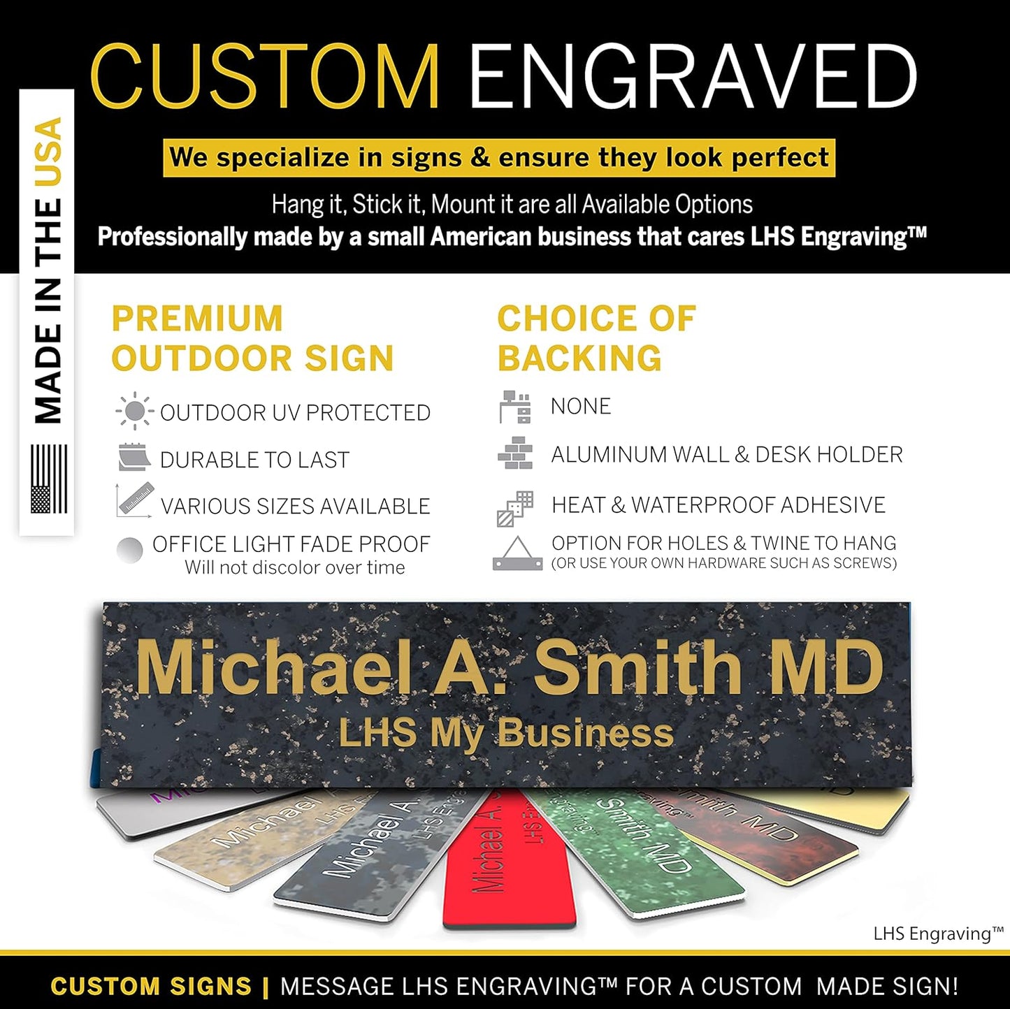 Engraved Custom Door Plate Charcoal Marble Pattern Plastic Office Door Sign with Gold Letters - Made in USA 2x8 S6